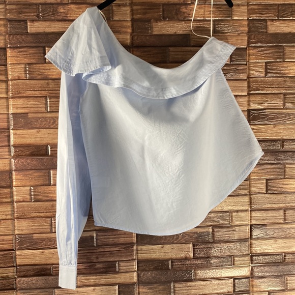 ALC BRIELLE Blue Poplin One Sleeve Ruffle Top Size 2 - Picture 5 of 13